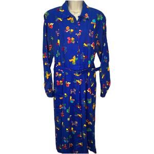 Vintage Tanner Womens Midi Shirt Dress Belt Size 12 Bows Print Long Sleeve Blue